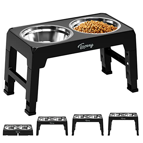 Toozey Comedero Elevado Perro con Tazones de Acero Inoxidable Dobles de 1,2 L de 4 Altura Ajustable para Alimentador de Agua y Comida para Mascotas y Gatos, Negro