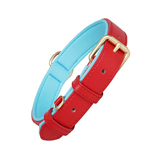 Ohmywor Collar de piel roja para perro, clásico cuero auténtico suave collares de perro con hebilla acolchada resistente ajustable para perros pequeños, medianos y grandes, 2,5 cm x 55 cm