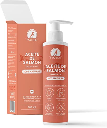 MAIKAI Aceite de Salmon Perros (500 ml) - Antiinflamatorio para Perros - Omega 3 y 6 - Piel Sana y Pelo Brillante - Vitaminas y Calcio - 100% Natural