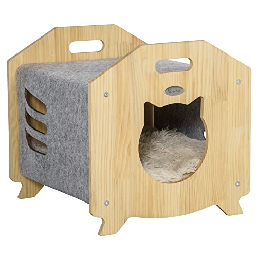 PawHut Caseta de Gatos de Madera y Fieltro Casa para Mascotas con Cojín Suave Lavable Orificio de Entrada y 2 Asas para Salón Interior 40x39x40 cm Natural y Gris