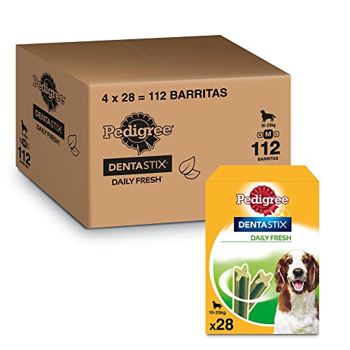 Pedigree Dentastix Fresh Snack Dental para la Higiene Oral y Contra el Mal Aliento de Perros Medianos (4 paquetes de 28ud)