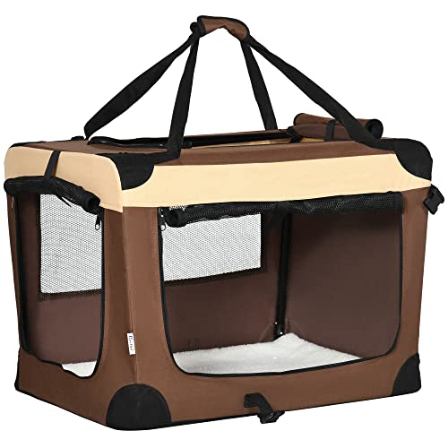 PawHut Transportín Mochila para Perros y Gatos Bolsa de Transporte para Mascotas Plegable con Cojín Suave y 2 Correas del Hombro para Coche Avión Viaje 70x51x50 cm Marrón