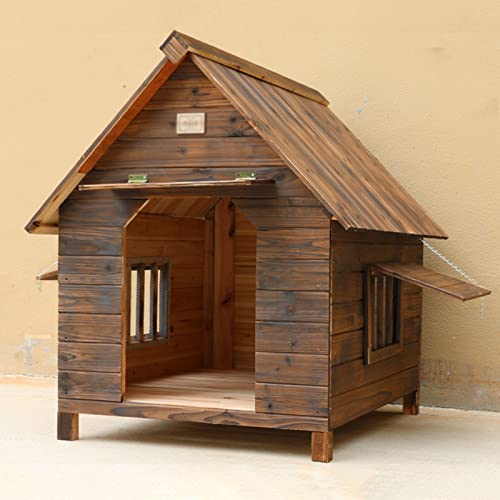 Caseta Perros Exterior, Refugio Impermeable para Cachorros Caseta Interior para Perros con Piso Elevado, Puerta Delantera, Ventana Lateral, Perrera Elevada De Madera para Perros Medianos/Grandes (C