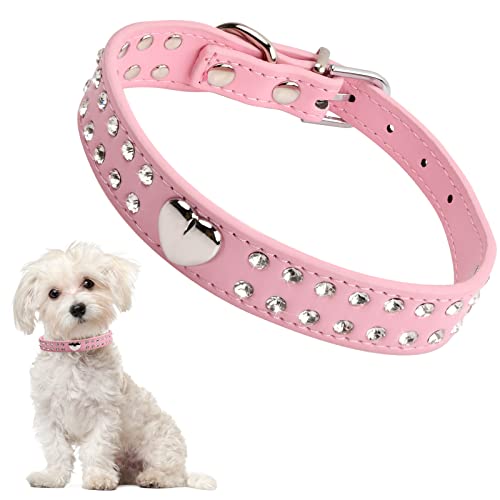 Collar de Mascota con Diamante de Imitación Lindo Diamante Cachorro Ajustable Collar, Collar de Perro de Cristal Cuero PU Collar Brillante para Mascotas para Perros Pequeños y Medianos Gatos S, Rosa