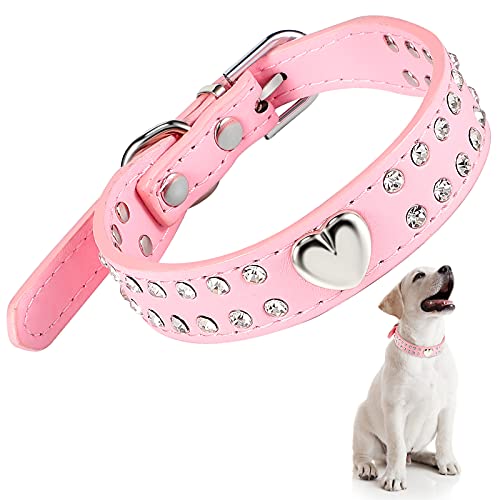 Collar de Perro de Cristal Cuero PU con Tachuela Collar de Cachorro Ajustable Brillante Collar de Mascota con Diamante de Imitación para Perro Pequeño (Cristal de Corazón, 37 x 2 cm)