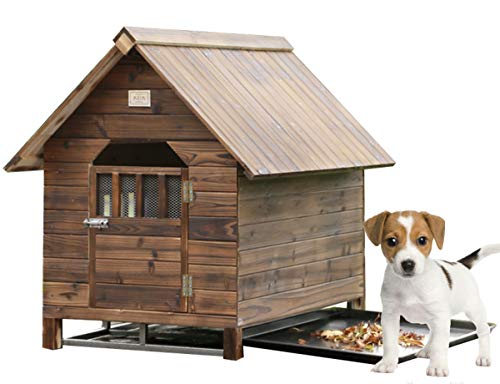 RSTJ-Sjef Casa para Perros De Interior Al Aire Libre con Puerta, Caseta De Madera para Perros con Bandeja Fácil De Limpiar, Cabaña De Troncos Resistente A La Intemperie Atractiva para Perros Pequeños