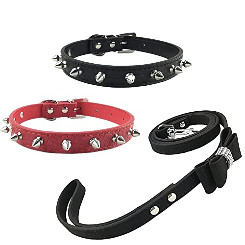 Newtensina 3 Piezas Collar de Perro con Correa Set 2 Piezas Grano de cocodrilo Soft Pinchos Collar de Perro con Pajarita Correa para Perros pequeños