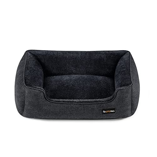 FEANDREA Cama para Perros, Sofá de Lino para Mascotas, Bordes Elevados, Fondo Antideslizante, Funda Extraíble para Lavado, Tamaño M para Perros Pequeños, 70 x 55 x 21 cm, Gris Oscuro PGW010G01