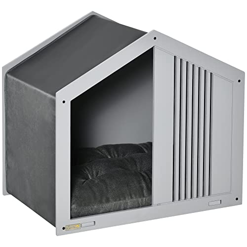 PawHut Caseta de Madera para Perros Pequeños Caseta para Mascotas Interior con Cojín Acolchado Grueso Cobertura de Tela Oxford Extraíble y Ventilaciones 60x43x55 cm Gris