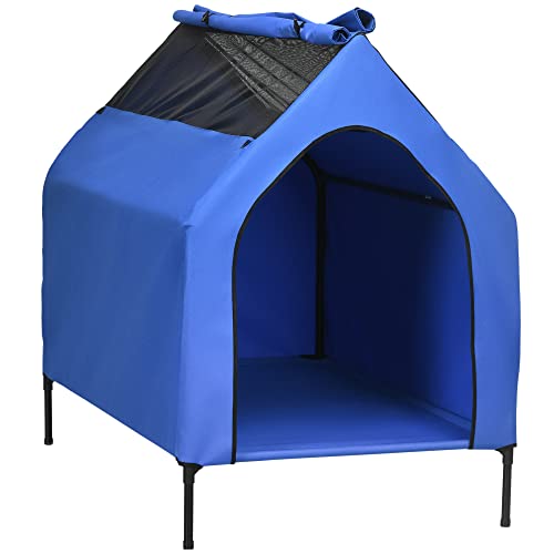 PawHut Caseta para Perros 110x76x110 cm Cama Elevada para Mascotas con Cubierta Desmontable y Ventanas de Malla para Perros Grandes y Extra Grandes Azul