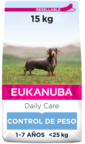 Eukanuba Alimento seco de cuidado diario con pollo fresco para control de peso en perros adultos medianos (1-7 años/ <25kg), 15 kg