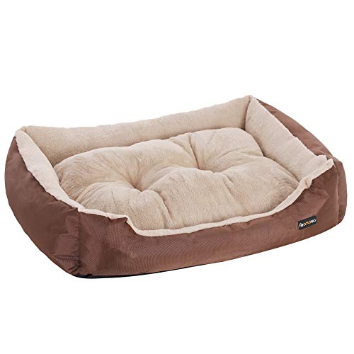 FEANDREA Cama para Perros, Sofá para Mascotas, Cojín para Gatos, Superficie de Peluche, Desmontable para el Lavado, Bordes Altos, Fondo Antideslizante, Talla L, 85 x 65 x 21 cm, Marrón PGW04Z