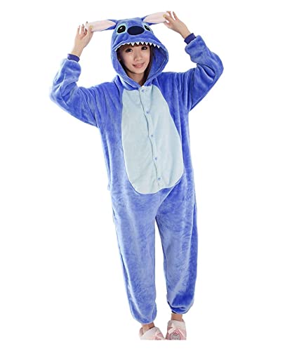 Pijama Disfraz Kigurumi Mono Carnaval Halloween Navidad Fiesta Animal de una Pieza Espectáculo Cosplay Onesies Unisex Mujer Hombre, Stitch Cielo Azul Sombrero, M