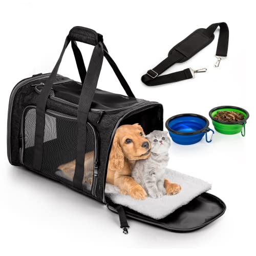 Transportin Gato Perro + 2 Tazones Plegables para Comida y Bebida + Correa de Hombro Ajustable - Transportin Perro Pequeño y Mediano con Colchon Suave - Transportin para Gatos y Perros Transpirable