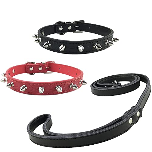 Newtensina 3 Piezas Collar de Perro con Correa Set 2 Piezas Grano de cocodrilo Pinchos Collar de Perro con Correa para Perros pequeños