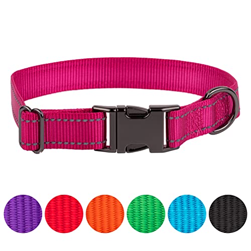 FAVPET Collar Reflectante de Nylon, Collar de Perro Ajustable con Hebilla Metálica, Collar para Perros Grandes, Collar de Perro Mediano, Collar para Perro Pequeño, Collares para Cachorros (M, Rosa)