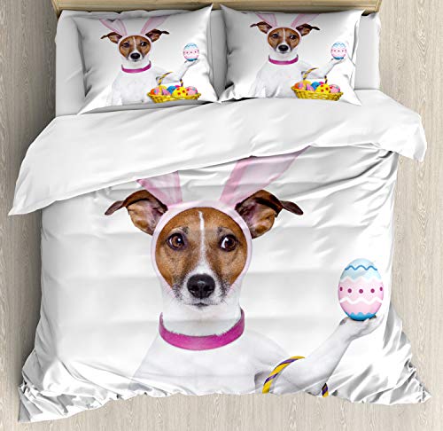 ABAKUHAUS Pascua de Resurrección Funda Nórdica, Perro como Conejito Pascua, Decorativo 3 Piezas con 2 Fundas de Almohada, 230 x 220 cm - 70 x 50 cm, Multicolor