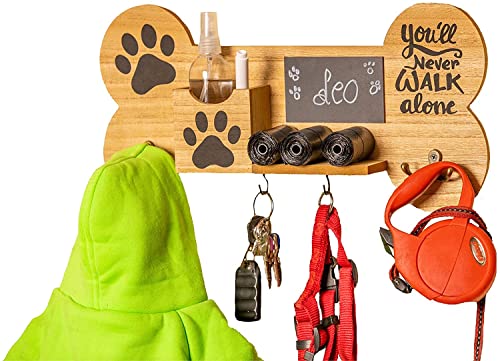 Emotiset Perchero Organizador para Ordenar Correas y Accesorios de Perros y Mascotas de madera. Personalizable con Pizarra.Color Madera Natural.