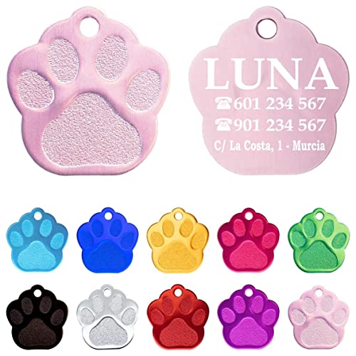 Iberiagifts - Placa en forma de huella para mascotas pequeñas-medianas chapa medalla de identificación personalizada para collar perro gato mascota grabada (Rosa)