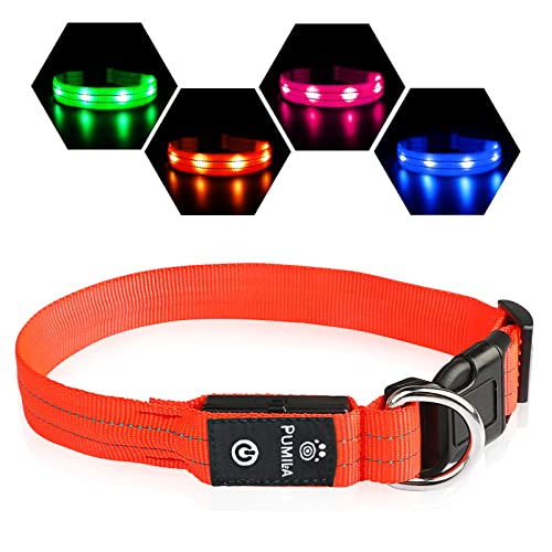 Collar Luminoso Perro Recargable Collar LED para Perro Impermeable 3 Modos de Iluminación Alta Visibilidad y Seguridad Ajustable para Perros Pequeños Medianos Grandes - Naranja M