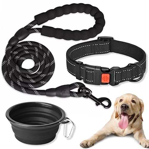 Correa y Collar Perro Reflectante 1,5m Negro – Perro Tamaño Mediano Grande – Correa 1,5 Metros y Collar de Perro Ajustable 33-50 cm y Cuenco Plegable