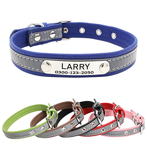 Yonsbox Collar Reflectante Ajustable para Gato Perro Personalizado con Etiqueta de Nombre Telefono Grabado Cachorro Gatito Azul Collar Perro Gato Grande Mediano Pequeño