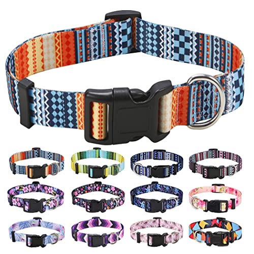 Mihqy Collar Perro, Ajustable y Resistente con Patrones de Moda, Collar Nylon Cómodos para Perros Pequeños Medianos y Grandes, Cachorros, Diseño Bohemio, Geométrico, Floral, Tribal(Naranja Bohemio,L)