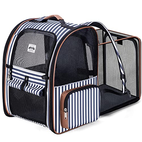 Lekespring Transportin Gato Extensible con 4 Entradas | Mochila Gato Transpirable - Transportin Perro con Arnés Interno - Mochila Perro Carga Máxima 8kg - Trasportines Gato Impermeable - Rayas