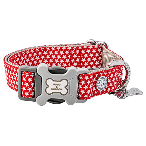 HUGO & HUDSON Collar de Perro de Nailon con Hebilla de Hueso de Seguridad de liberación rápida - Collar de Mascota Suave y cómodo - Estrella Blanca roja - XS