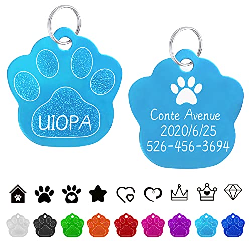 Uiopa 2pzs Huella Chapa Perro Grabada, Pata Chapas para Perros Personalizadas Placas Identificativas, Etiquetas de Identificación de Mascotas para Collar Perro Gato Mascota (Azul lago)