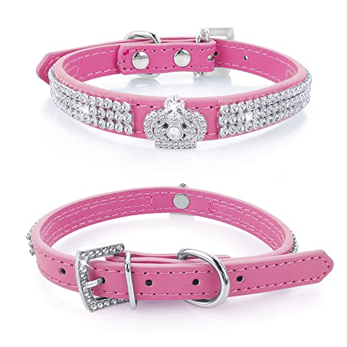 cobee Collar de perro y gato con diamantes de imitación, collar ajustable para mascotas, collar de piel sintética para cachorros, collares de gato de cristal para perros pequeños y gatos (rojo rosa)