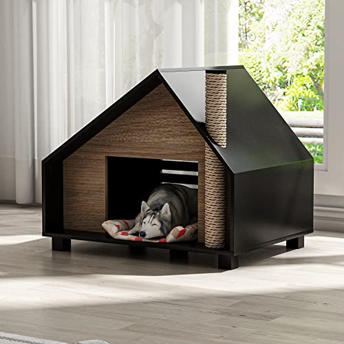 Roomfitters Caseta para perros, Refugio para perros, Casa de Madera para Gatos con Poste para Rascar, Casa para Perros al Aire Libre, Casa para Mascotas, Estilo Cabaña, Nogal Negro