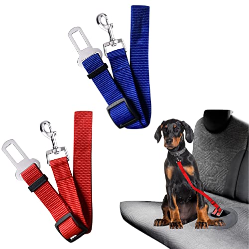 Cinturón de Seguridad de Coche para Perros, Gatos o Cualquier Mascota. Correa de Seguridad Ajustable para Asiento de Coche para Mascotas con Anclaje Seguro para tu Perro o Gato. 2 ud (Azul-Rojo).