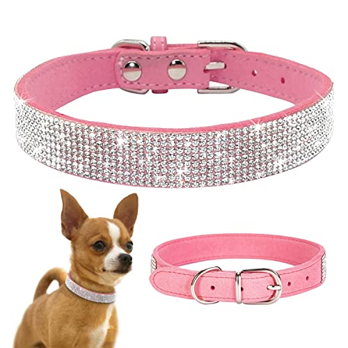 TSKDKIT Collar de cachorro para gato, collar de perro pequeño, lindo collar de mascota con diamantes de imitación, collar de gato brillante, collar de cuero suave para mascotas (XS rosa)