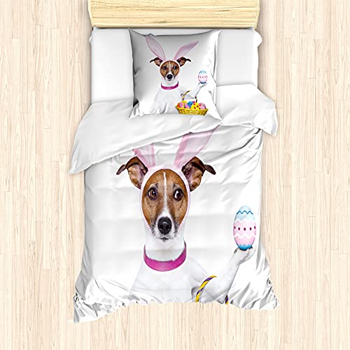 ABAKUHAUS Pascua de Resurrección Ensemble de Housse de Couette, Perro como Conejito Pascua, Decorativo Piezas con Funda de Almohada, 135 cm x 200 cm - 80 x 80 cm, Multicolor