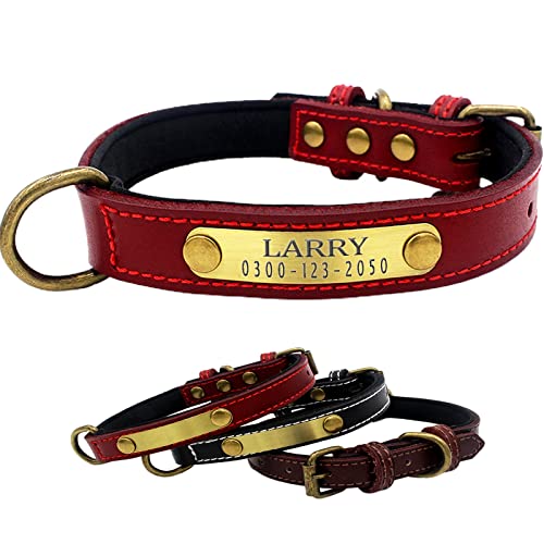 Yonsbox Collar Cuero Suave Acolchado para Perro Personalizado con Etiqueta Nombre Grabado Rojo Collar Perro Grande Mediano Pequeño Cachorro