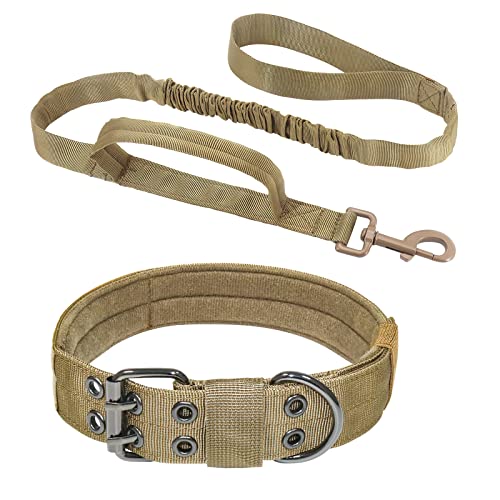 Táctico Correa para Perro y Collar Juegos- ALLSOPETS Collar para Perro con Correa Plomo para Perro y Manija Control Cómodo Ajustable Mascota Cuello para Perros Medianos Grandes Caqui L