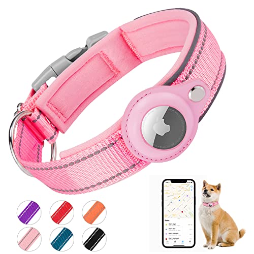 Kardition Collar Perro Acolchado para AirTag, El Collar Perro Reflectante Airtag Apple, Air Tag Integrado para Perros Pequeños, Medianos, Grandes, [Rosa - Talla M]