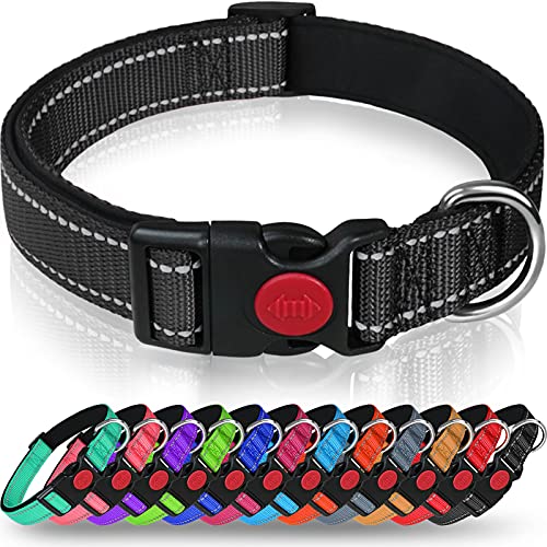 Taglory Collar Perro, Collar Nylon Reflectante Neopreno Forrado Ajustable para Perros Medianos, Negro