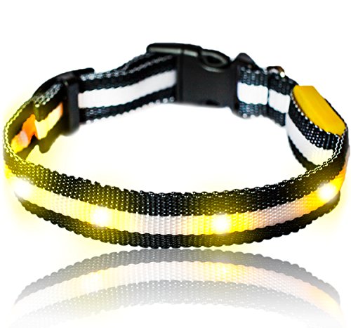 Collar de seguridad para perros con luz LED, extremadamente brillante, longitud ajustable y con 3 modos de iluminación (S: 19 cm – 37 cm, amarillo)