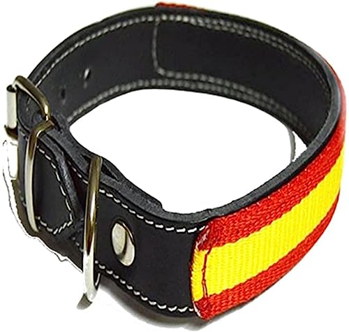 Articulos de Caza Collar Perro Cuero, Collar Perro, Collar Cuero Perro Bandera españa, Collar para Perro Negro con Bandera españa (60cm)