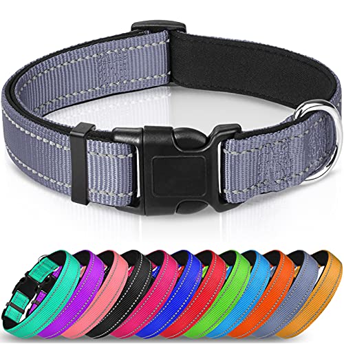 Joytale Collar Perro Reflectante,Nylon Collar Acolchado con Neopreno,Ajustable para Perros Grande,40-60cm,Gris