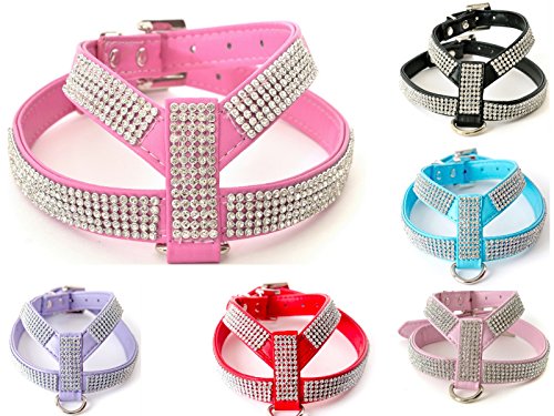 Lushpetz Arnés para Perros de Cuero con Banda de Diamantes de imitación de Diamante para Razas pequeñas y pequeñas (Pecho pequeño Encaja 30-35cm, Rosa Brillante)