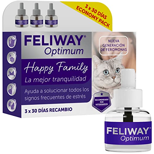 FELIWAY Optimum - Nueva Generación de Feromonas - Soluciona Todos los Signos de estrés del Gato - Arañazos, miedos, Cambios, marcaje con orina y conflictos Entre Gatos (3 recambios)