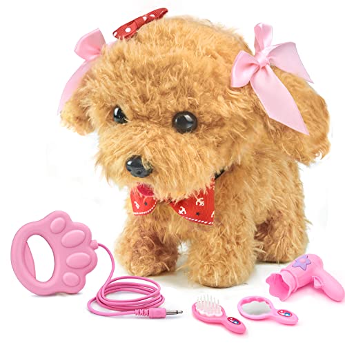 TOMMYHOME Niños Mascotas Electrónicas Perro, Juguete de peluche interactivo con correa de control remoto y accesorios Regalo para niñas y niños. (Teddy)