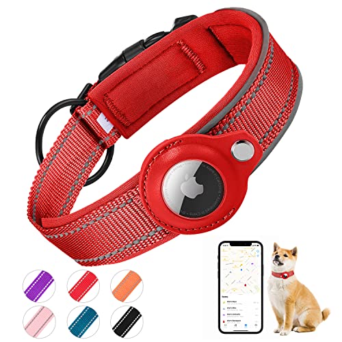 Kardition Collar para Perro Ajustable AirTag,Collar para Perro Reflectante Airtag Apple,Acolchado Air Tag Collar para Perros pequeños, medianos y Grandes, [Rojo - Talla XL]