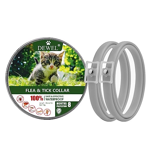 DEWEL Set de 2 Collar Gato contra Pulgas, Garrapatas y Mosquitos, Collar Antipulgas y Garrapatas 34,5cm para Gatos y Perros Pequeños y Medianos, 8 Meses de Protección