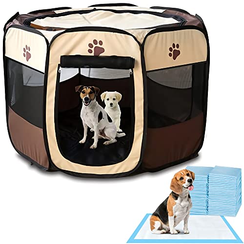 Parque para Perros Grandes, medianos o pequeños (Incluye Pack de 36 empapadores Perros). Jaula de Perro Octogonal Plegable Fabricada en Tela Oxford con toallitas para Perro. Caseta Perro (L)