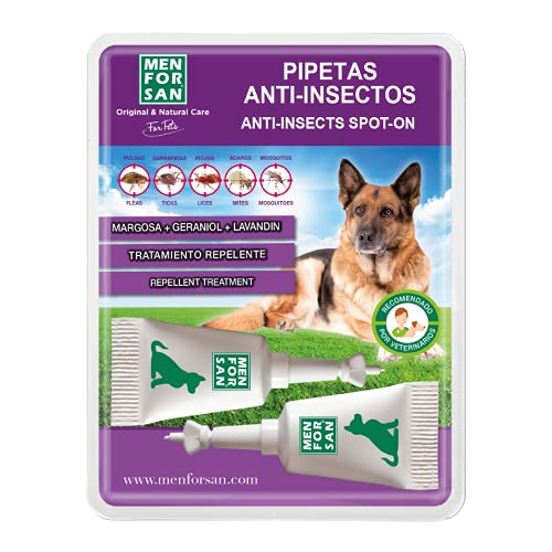 MENFORSAN Pipetas Anti-Insectos para Perros con Margosa, Geraniol y Lavandino, contra Pulgas, Garrapatas e insectos, Blister con 2 unidades, Único, 15 ml