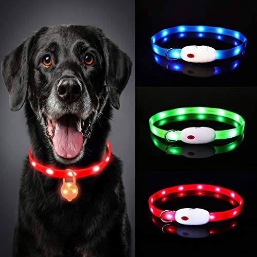 Collar Luminoso Perro, USB Recargable Collar Perro luz Seguro 3 Modos, Collar LED Impermeable Ajustable para Perro y Gato Menos 20kg - Rojo